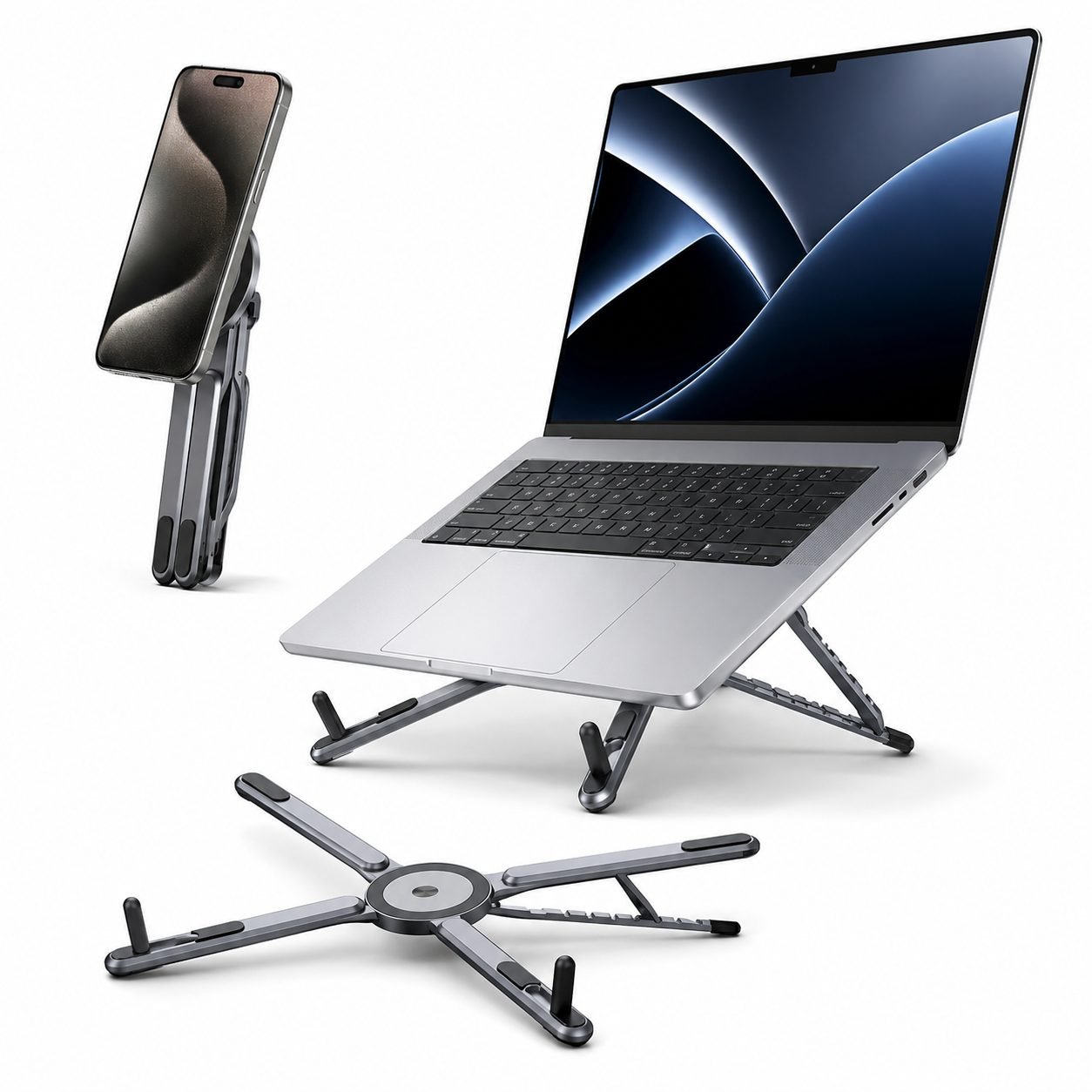 A8 FlexMag Pro — 3-in-1 aluminium stand for laptop, tablet & phone
